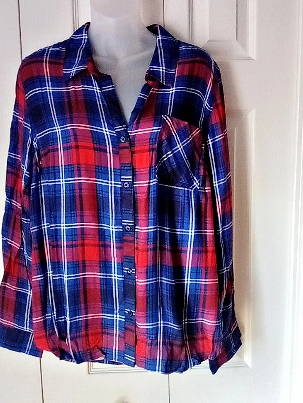Como Vintage Button Down Plaid Shirt Plaid Button Down in Blue & Red Large NWT
